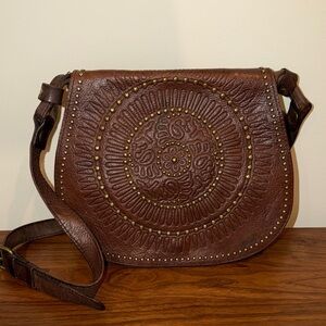 Patricia Nash Brown Boho Embossed & Studded Leather Crossbody Bag